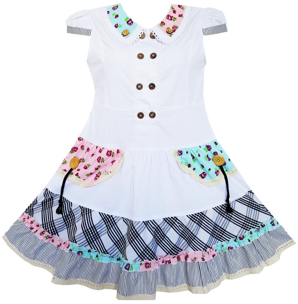 Girls Dress White Cute Colorful Collar Back School Size 6-14 Years