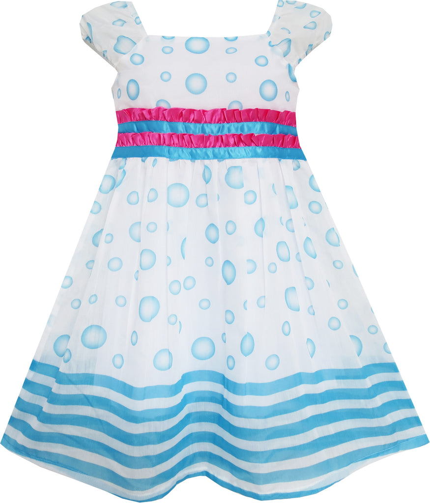 Girls Dress Blue Bubble Short Sleeve Striped Pink Ribbon Size 4-8 Years