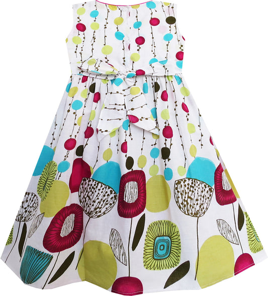 Girls Dress Polka Dot Flower Pattern Cute Bow Tie Green Size 3-8 Years