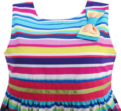 Girls Dress Bright Multi Colored Striped A-Line Cute Bow Tie Size 3-8 Years