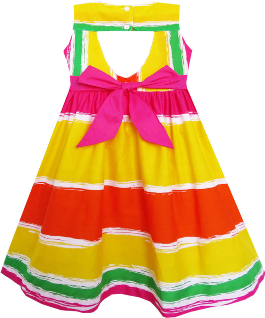 Girls Dress Bow Tie Orange Yellow Striped Tie Dye Style Size 3-8 Years