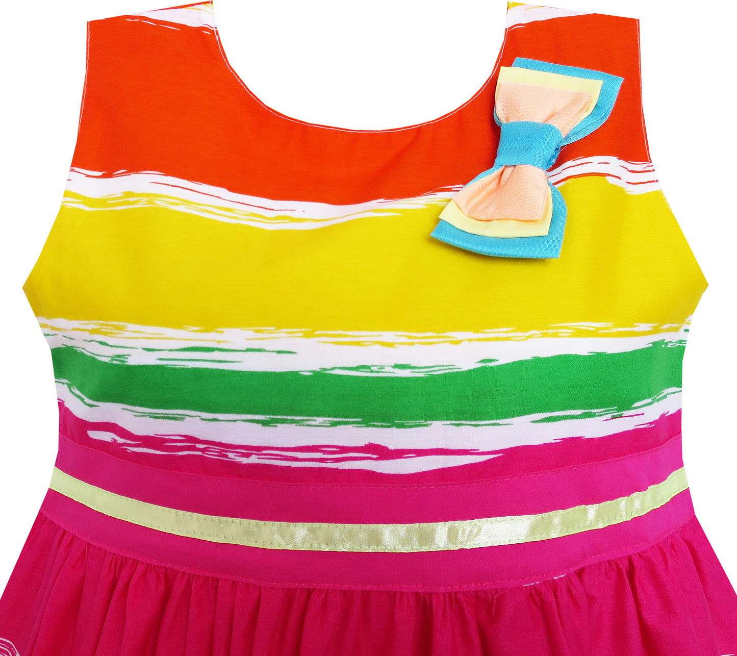 Girls Dress Bow Tie Orange Yellow Striped Tie Dye Style Size 3-8 Years