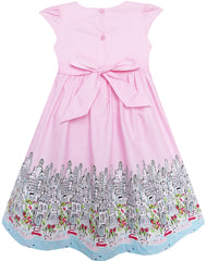 Girls Dress Bow Tie City Building Car Print Pink Size 3-8 Years