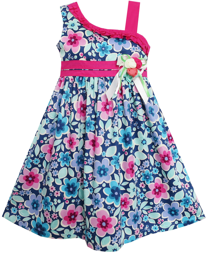 Girls Dress Multicolored Flower Bow Tie Asymmetric Design Size 4-8 Years