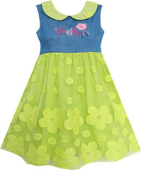 Girls Dress Pretty Print Flower Tulle Hemline Turn-Down Collar Size 3-7 Years