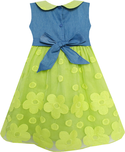Girls Dress Pretty Print Flower Tulle Hemline Turn-Down Collar Size 3-7 Years