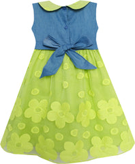 Girls Dress Pretty Print Flower Tulle Hemline Turn-Down Collar Size 3-7 Years