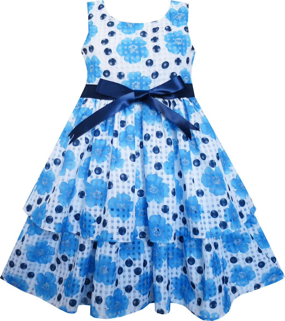Girls Dress Blue Flower Bow Tie Sleeveless Size 4-8 Years
