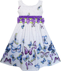 Girls Dress Purple Blue Butterfly Print Triple Bow Tie Size 4-12 Years