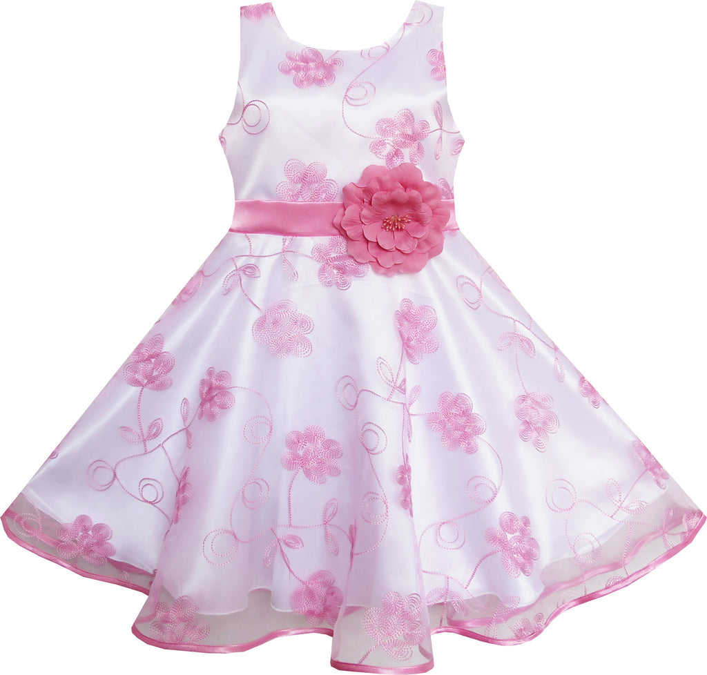 Girls Dress Pink Embroidered Flower Bow Tie Tulle Party Holiday Size 4-12 Years