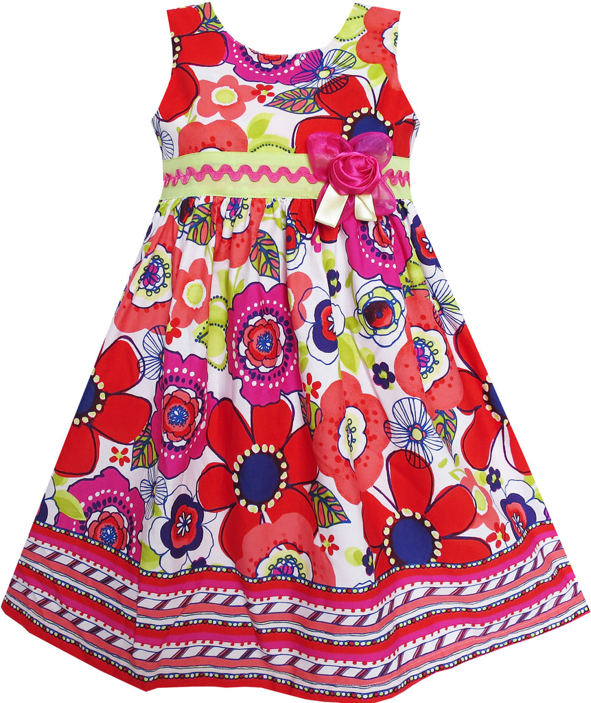 Girls Dress Red Flower Strip Hem Bow Tie Sleeveless Size 4-8 Years