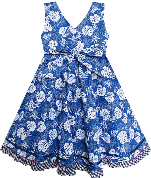 Girls Dress Blue Flower Plaid Waist Hem Sleeveless Size 4-8 Years