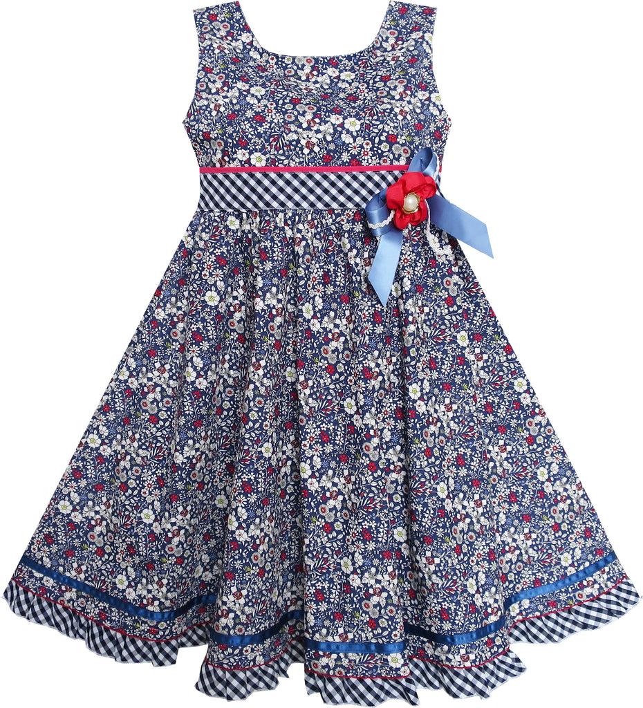 Girls Dress Flower Plaid Waist Hem Bow Tie Sleeveless Size 4-8 Years