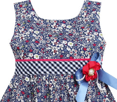 Girls Dress Flower Plaid Waist Hem Bow Tie Sleeveless Size 4-8 Years
