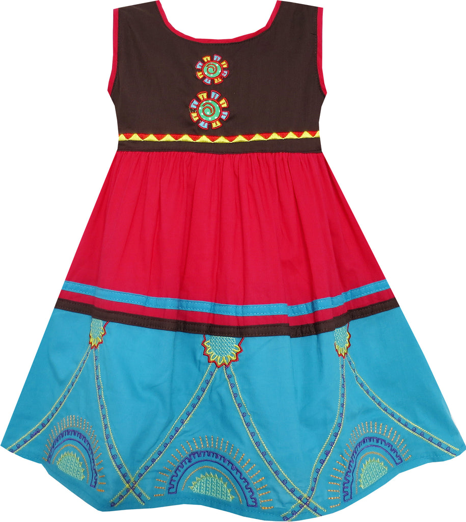 Girls Dress Colour Block Hand Made Embroidered Flower Red Size 2-6 Years