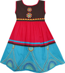 Girls Dress Colour Block Hand Made Embroidered Flower Red Size 2-6 Years