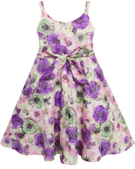 Girls Dress Sling Bow Tie Flower Princess Cotton Purple Size 3-10 Years