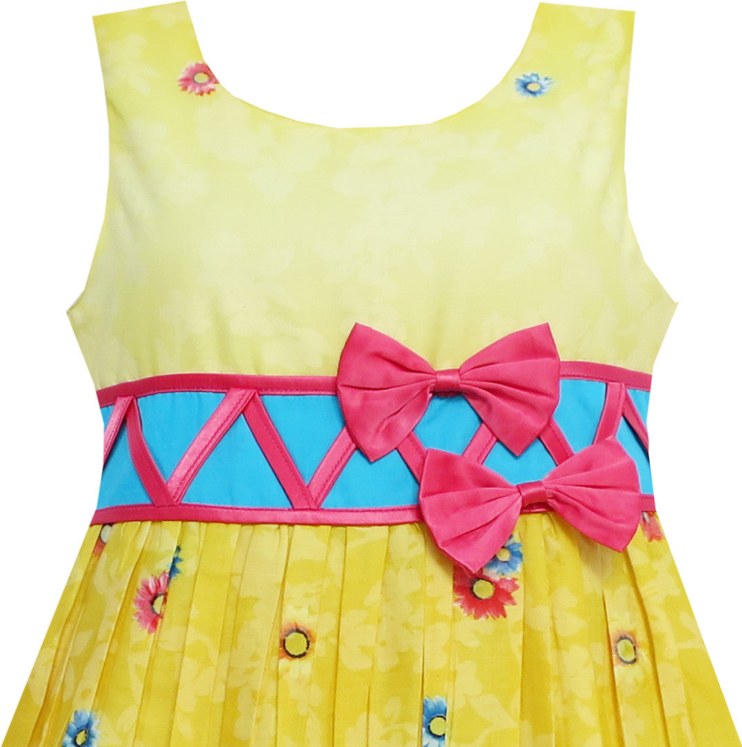 Girls Dress Sunflower Garden Flower Print Cotton Yellow Size 4-12 Years