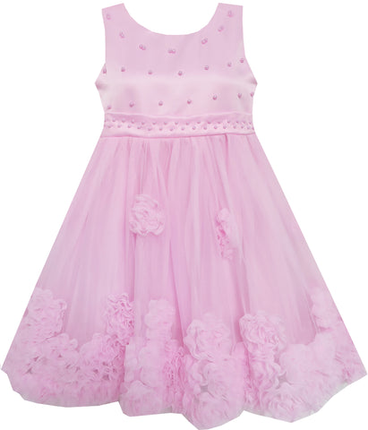 Girls Dress Sleeveless Accented Rosette Lace Beading Pink Size 5-12 Years