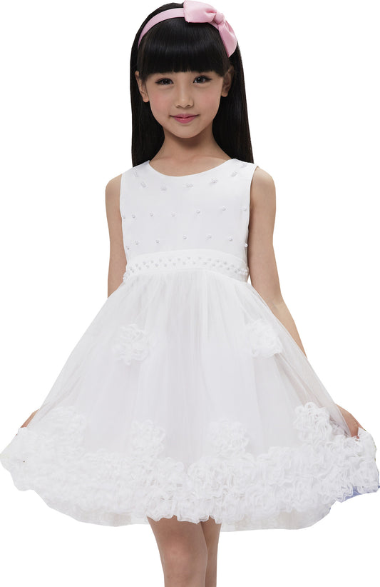 Girls Dress Sleeveless Accented Rosette Lace Beading White Size 5-12 Years