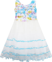 Girls Dress Sleeveless Pleated Bodice Lace Tiered Skirt Blue Size 5-12 Years