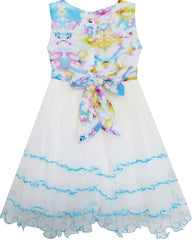 Girls Dress Sleeveless Pleated Bodice Lace Tiered Skirt Blue Size 5-12 Years