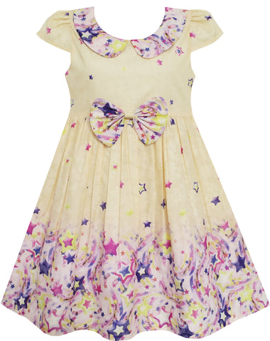 Girls Dress Star Sky Print Turn-down Collar Yellow Size 4-10 Years