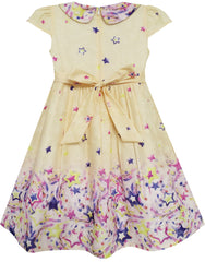 Girls Dress Star Sky Print Turn-down Collar Yellow Size 4-10 Years