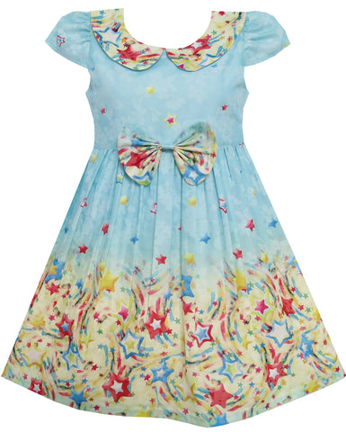 Girls Dress Star Sky Print Turn-down Collar Short Sleeve Blue Size 4-10 Years