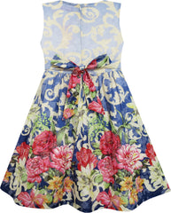 Girls Dress Sleeveless Blooming Flower Garden Print Blue Size 4-12 Years