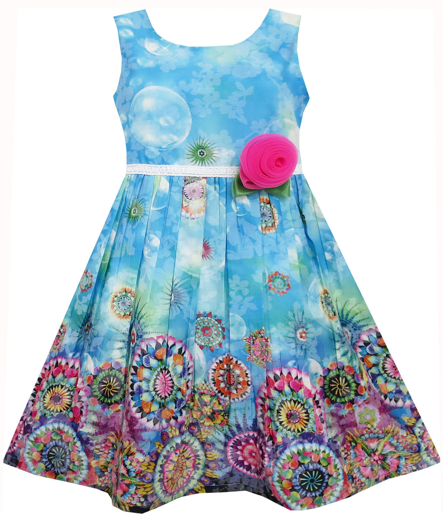 Girls Dress Sleeveless Sky Bubble Flower Painting Style Blue Size 4-12 Years