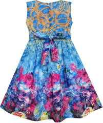 Girls Dress Embroidered Sash Blooming Flower Painting Style Blue Size 4-12 Years