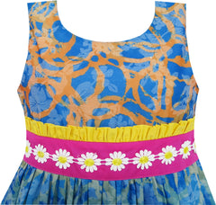 Girls Dress Embroidered Sash Blooming Flower Painting Style Blue Size 4-12 Years