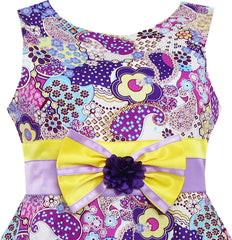 Girls Dress Sleeveless Paisley Flower Print Bow Tie Purple Size 4-10 Years