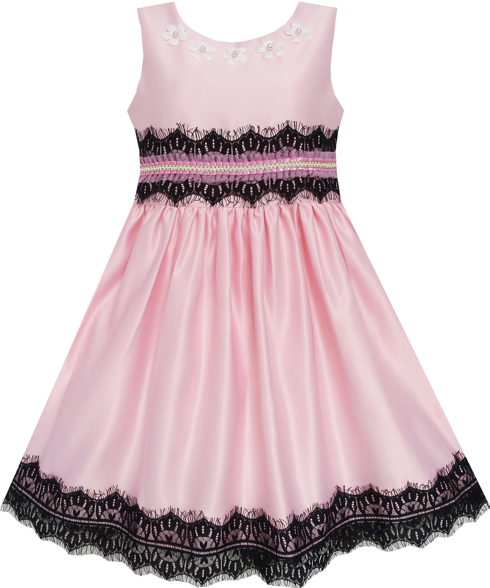 Girls Dress Satin Lace Trim Beading Wedding Shining Pink  Sunny Fashion