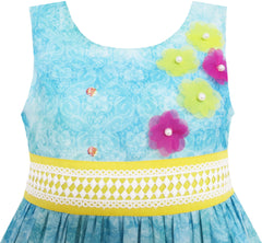 Girls Dress Blooming Rose Garden Flower Print Sleeveless Blue Size 4-12 Years