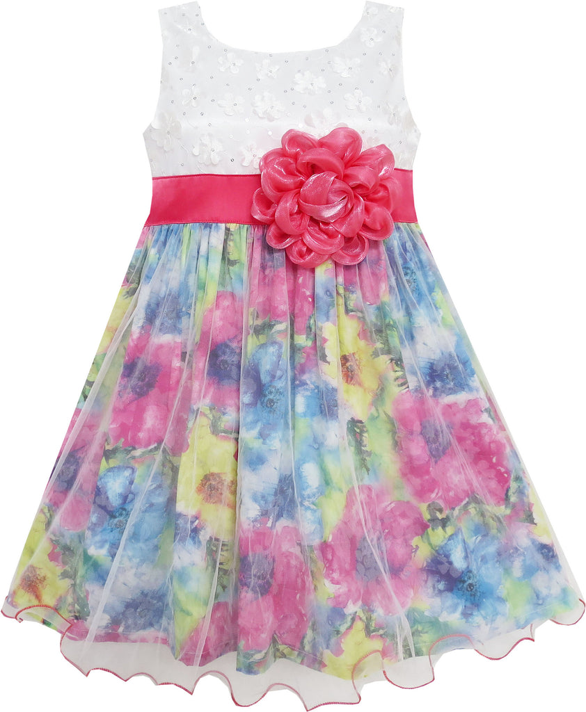 Girls Dress Rose Flower Detailing Tulle Overlay Red Size 7-14 Years