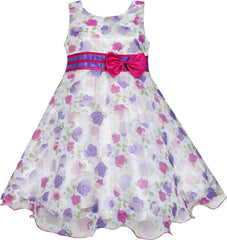 Girls Dress Bow Tie Bridal Lace Rose Flower Detailing Purple Size 3-8 Years