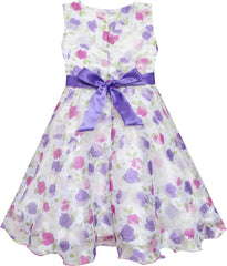 Girls Dress Bow Tie Bridal Lace Rose Flower Detailing Purple Size 3-8 Years