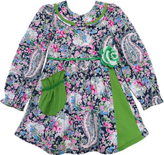 Girls Dress Turn-down Collar Paisley Flower Green Size 2-6 Years