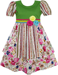 Girls Dress Short Sleeve Princess Flower Print Green Size 4-10 Years
