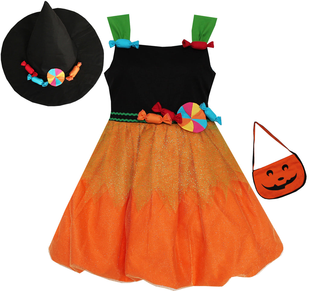 Girls Dress Halloween Candy Pumpkin Handbag Orange Black Size 4-8 Years