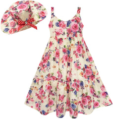 Girls Dress Full Length Flower Print With Hat Flower Pink Size 7-14 Years
