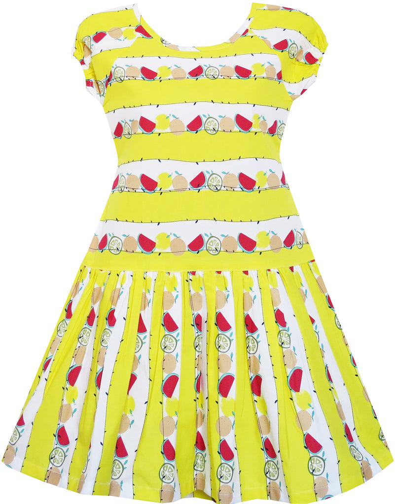 Girls Dress Lemon Color Watermelon Orange Pear Print Size 7-14 Years