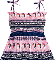 Girls Dress Smocked Halter Striped Elephant Print Pink Size 2-10 Years