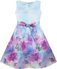 Girls Dress Rose Flower Print Butterfly Embroidery Size 4-12 Years