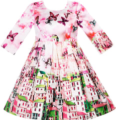 Girls Dress Satin Silk Butterfly City Building View Size 4-14 Years