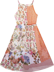 Girls Dress Halter Asymmetric Flower Checkered Orange Size 7-14 Years