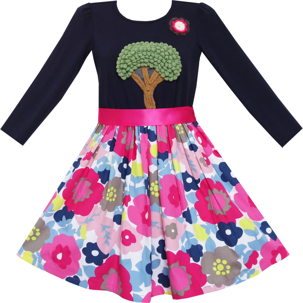Girls Dress Knitting Tree Floral Pattern Long Sleeve Size 7-14 Years
