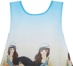 Girls Dress Tank Modern People Figure Print Blue Size 7-14 Years